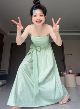 2025新款薄荷绿色无袖抹胸连衣裙子女夏季法式度假风收腰绑带长裙