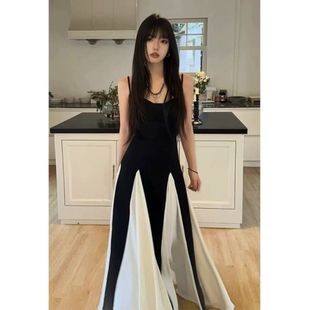 轻熟风黑白撞色拼接性感吊带连衣裙女春高级感度假晚礼服长裙 法式
