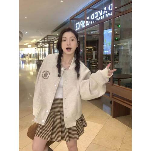 韩系宽松慵懒棒球服外套女秋冬复古美式时尚宽松飞行员夹克开衫