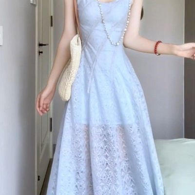 法式蓝色吊带连衣裙女夏季新款领证礼服度假海滩气质收腰显瘦长裙