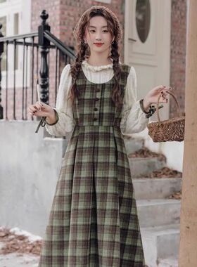 学院风假两件绿色格子连衣裙子秋冬季女装2025新款小个子穿搭长裙