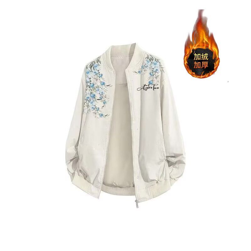 美式潮牌情侣花朵拉链宽松百搭加绒棒球服男女印花夹克外套