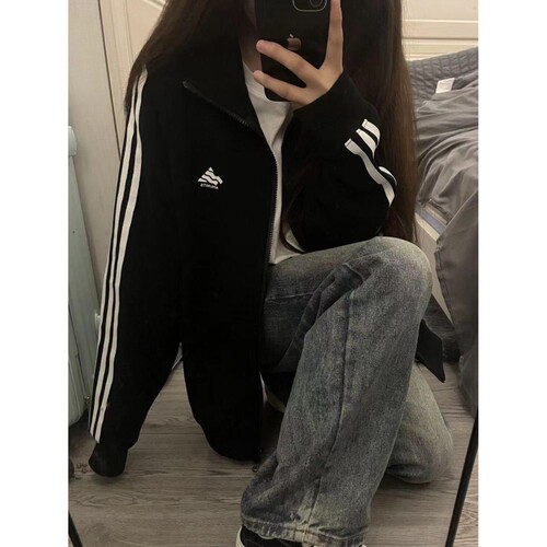 美式撞色三条杠立领黑色卫衣女春秋宽松oversize情侣休闲开衫外套