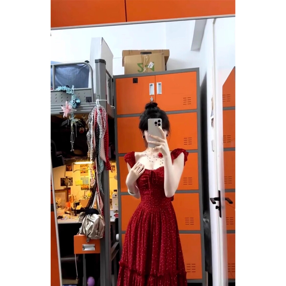 红色波点小飞袖吊带连衣裙子女夏连衣裙