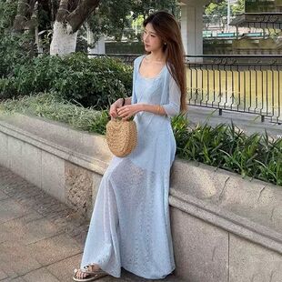 法式 海边度假风独特绝美长裙子 气质蓝色蕾丝吊带连衣裙女夏季 新款