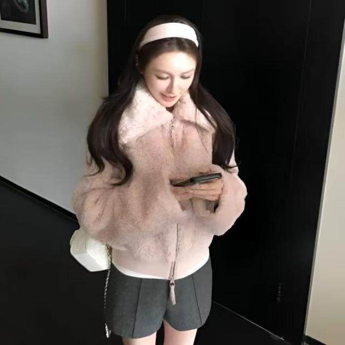 贵气千金仿羊羔毛老钱毛毛拉链外套女秋冬小个子百搭宽松翻领上衣