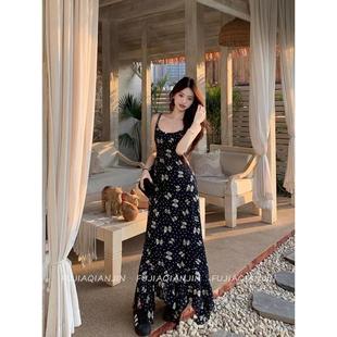 左边女装高腰无袖吊带裙2025夏季新款蝴蝶结印花连衣裙