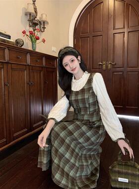 学院风假两件绿色格子连衣裙子秋冬季女装2024新款小个子穿搭长裙