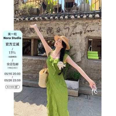 黄一粒 NORA STUDIO绿色收腰碎花连衣裙女夏设计感气质显瘦长裙子
