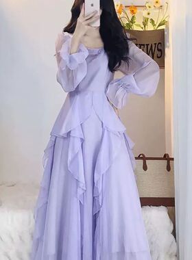 法式在逃公主晕染紫色气质荷叶连衣裙新款春夏季蝴蝶仙女显瘦长裙