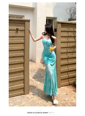 法式优雅浅绿色复古吊带连衣裙收腰包臀拖地长裙马尔代夫度假裙