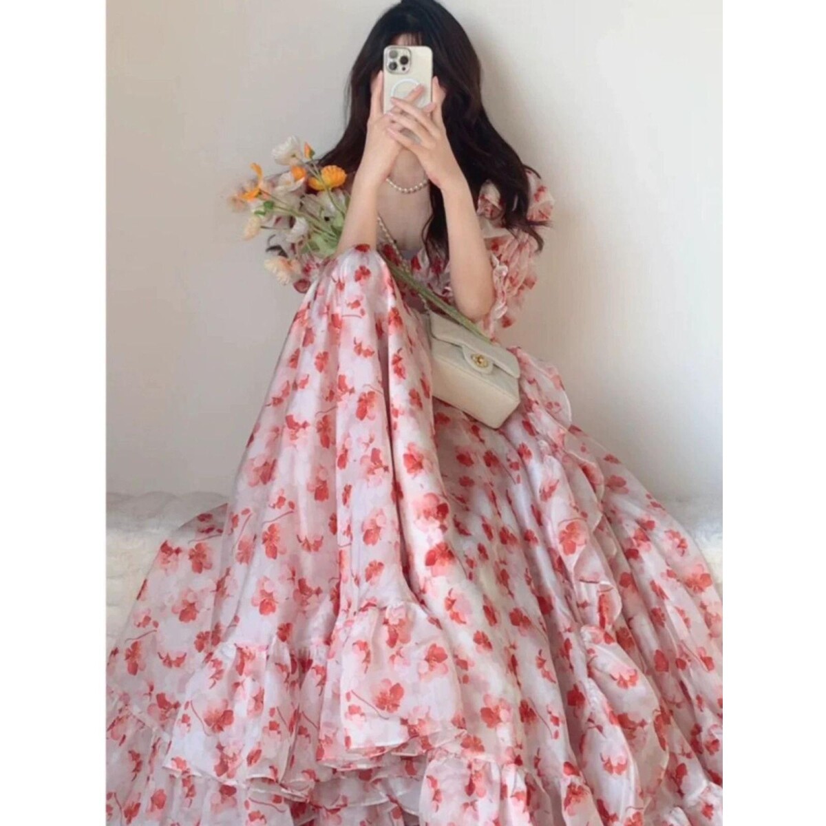 绝美雪纺连衣裙2026新款女夏季茶歇法式桔梗粉色碎花超仙女长裙子