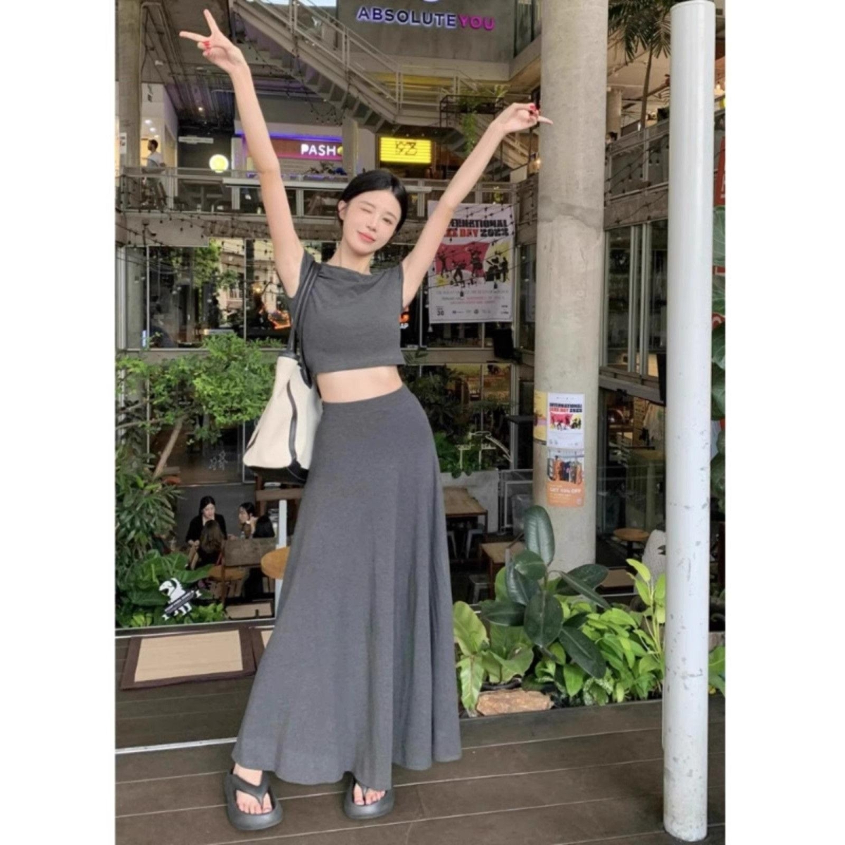 韩系慵懒风两件套装裙女夏辣妹短款短袖上衣高腰A字半身拖地长裙