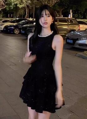 法式小香风黑色背心挂脖连衣裙女夏小个子气质收腰显瘦生日蛋糕裙