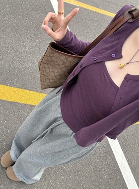 汇兴达11随心裁260克紫色吊带针织开衫外套女春秋短款上衣