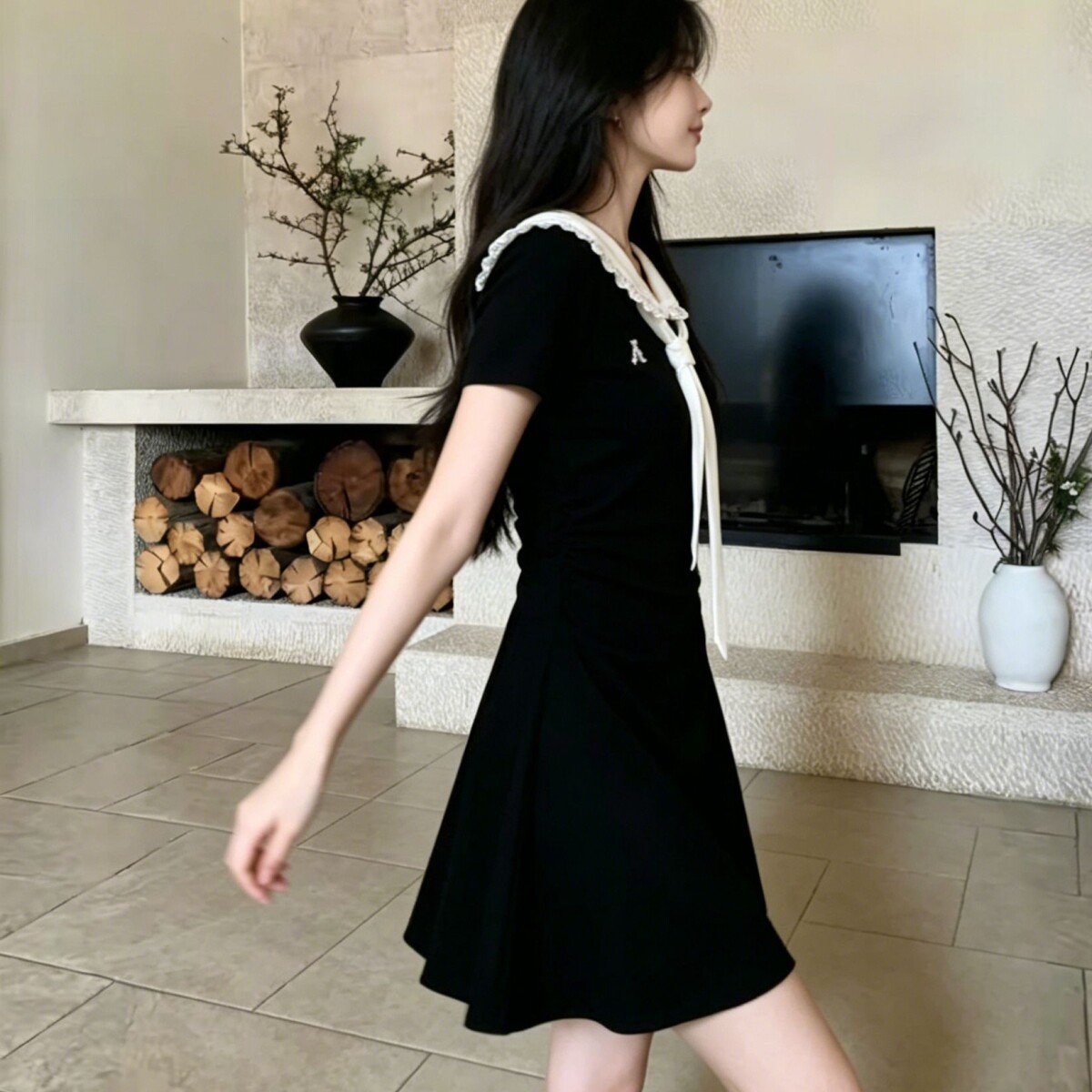 娃娃领系带连衣裙女夏收腰显瘦减龄学院风少女感日常百搭短款裙子图片