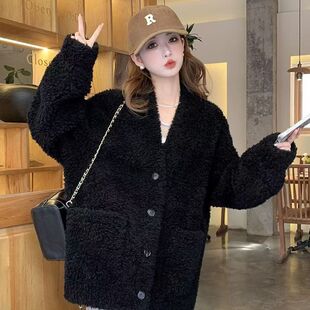 黑色羊羔毛绒外套女2024新款爆款秋冬季高级感超好看加厚休闲百