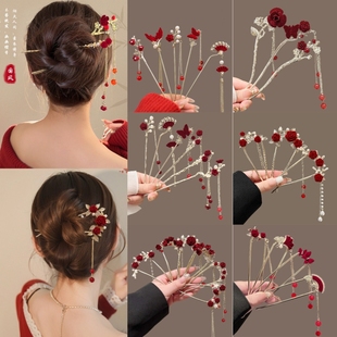 红色植绒抓夹订婚头饰女高级感洋气时尚发饰2025新款高端结婚发夹