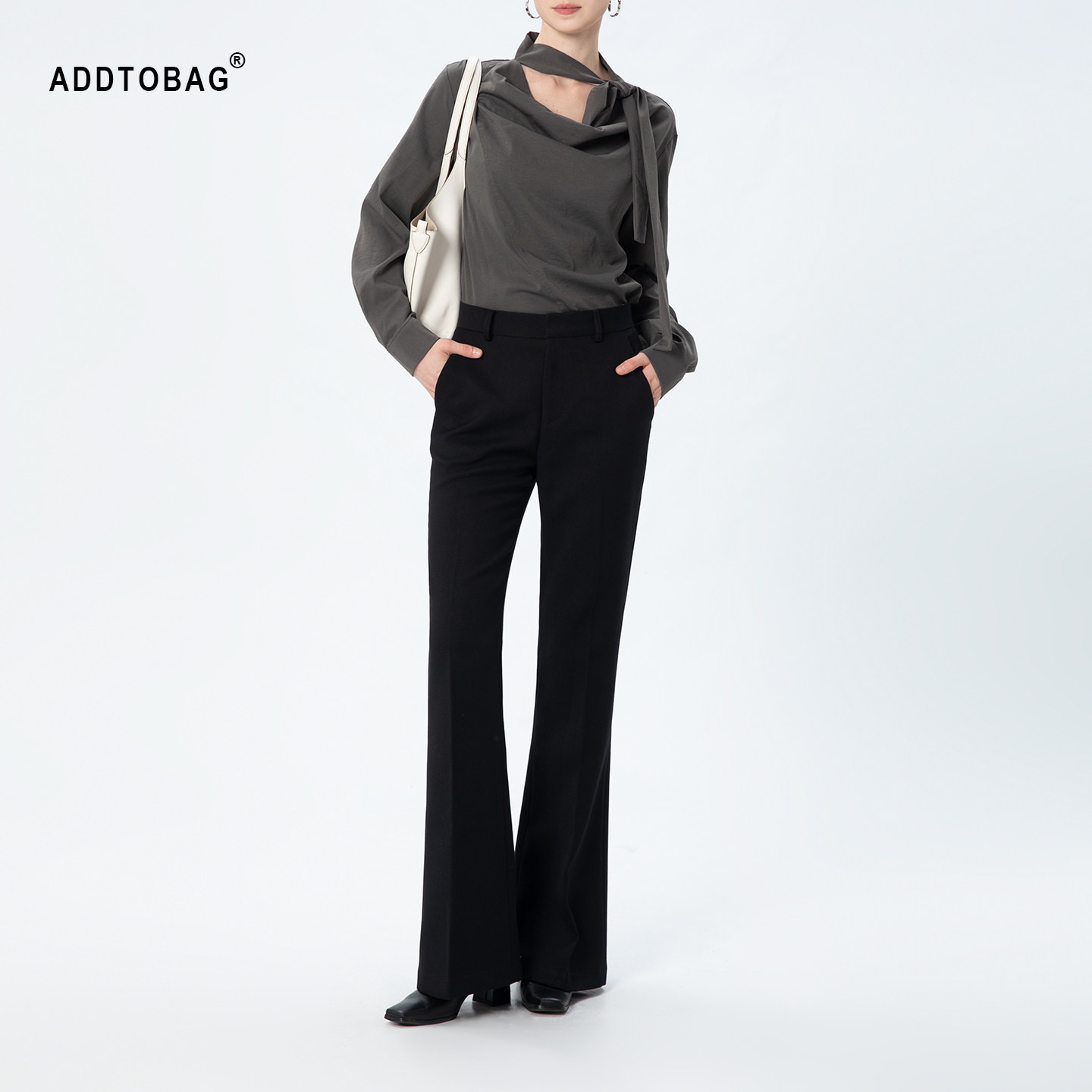 ADDTOBAG【通勤王】利落时髦直筒微喇休闲西裤女黑色混纺羊毛长裤
