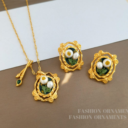 原创法式彩绘油画风花朵耳钉项链女气质复古高级感耳饰锁骨链2668