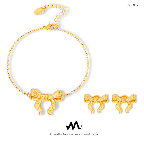 时尚通勤气质优雅简约饰品纹理设计感蝴蝶结吊坠钛钢镀金首饰套装