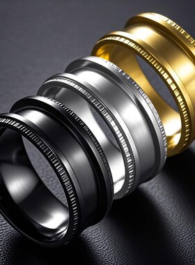 钛钢戒指男士不褪色ins风不掉色素圈男款男士压花不锈钢饰品