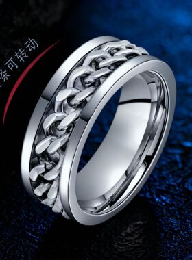 不锈钢戒指不掉色ins风男款链条个性旋转指环开啤酒嘻哈钛钢戒指