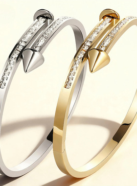 不锈钢女款钉子锆石钛钢手镯饰品三色手环时尚潮流