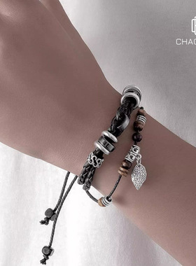 树叶子手链男款个性复古多层手工编织皮革手环简约学生情侣手饰品