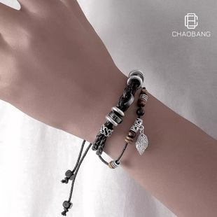 树叶子手链男款个性复古多层手工编织皮革手环简约学生情侣手饰品