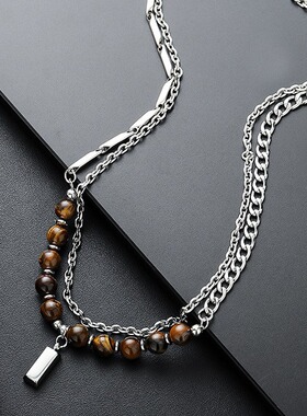 项链男虎眼石小方砖高级感百搭复古个性设计配饰女潮新款简约饰品