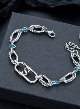 韩版海洋之心文艺蓝水晶手链男女钛钢时尚镶钻蓝色锆石手饰品