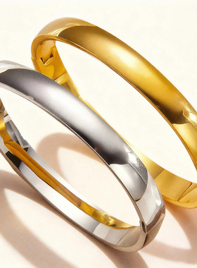 欧美简约光面卡扣手镯8mm宽无LOGO情侣不锈钢手环冷淡风设