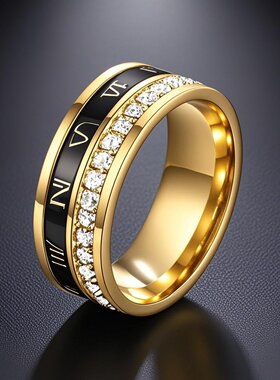 欧美男士满天星罗马数字不锈钢钛钢转动指环高级感戒指设计