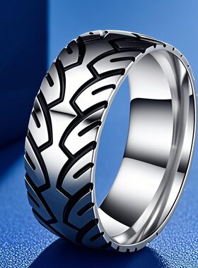钛钢戒指ins高级感不掉色小众男士嘻哈蚀刻轮胎纹食指环饰品
