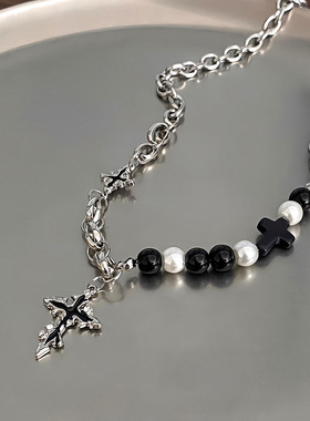 十字架项链男黑白拼接串珠高级感简约小众配饰女嘻哈百搭新款饰品