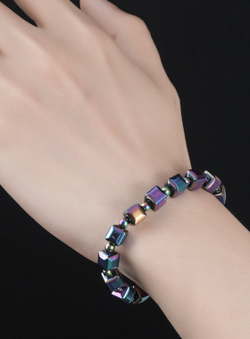 亚马逊黑胆石手镯彩色磁石通勤手链简约男女款配饰手工手串珠