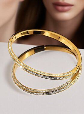 欧美三面满钻钛钢手镯女玫瑰金锆石时尚个性手饰潮流直销款