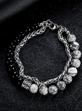 地图石串珠手链男钛钢链时尚百搭小众潮流首饰女高级设计饰品