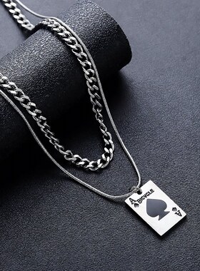 扑克牌黑桃A项链男钛钢 小众个性不锈钢双层古巴项链潮女嘻哈项饰