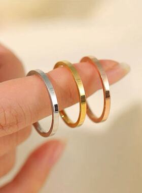 不锈钢钛钢戒指女百搭发法式ins女生素圈2mm极细不掉色小众设计
