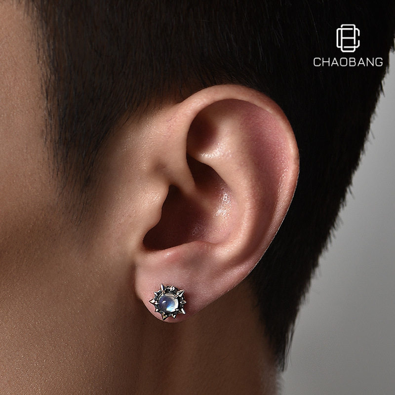 北极星耳钉男士蓝色月光石个性小众设计高级感耳环单只痞帅耳饰品