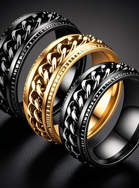 不锈钢戒指不掉色ins风链条转动旋转减压钛钢指环素圈男生潮流