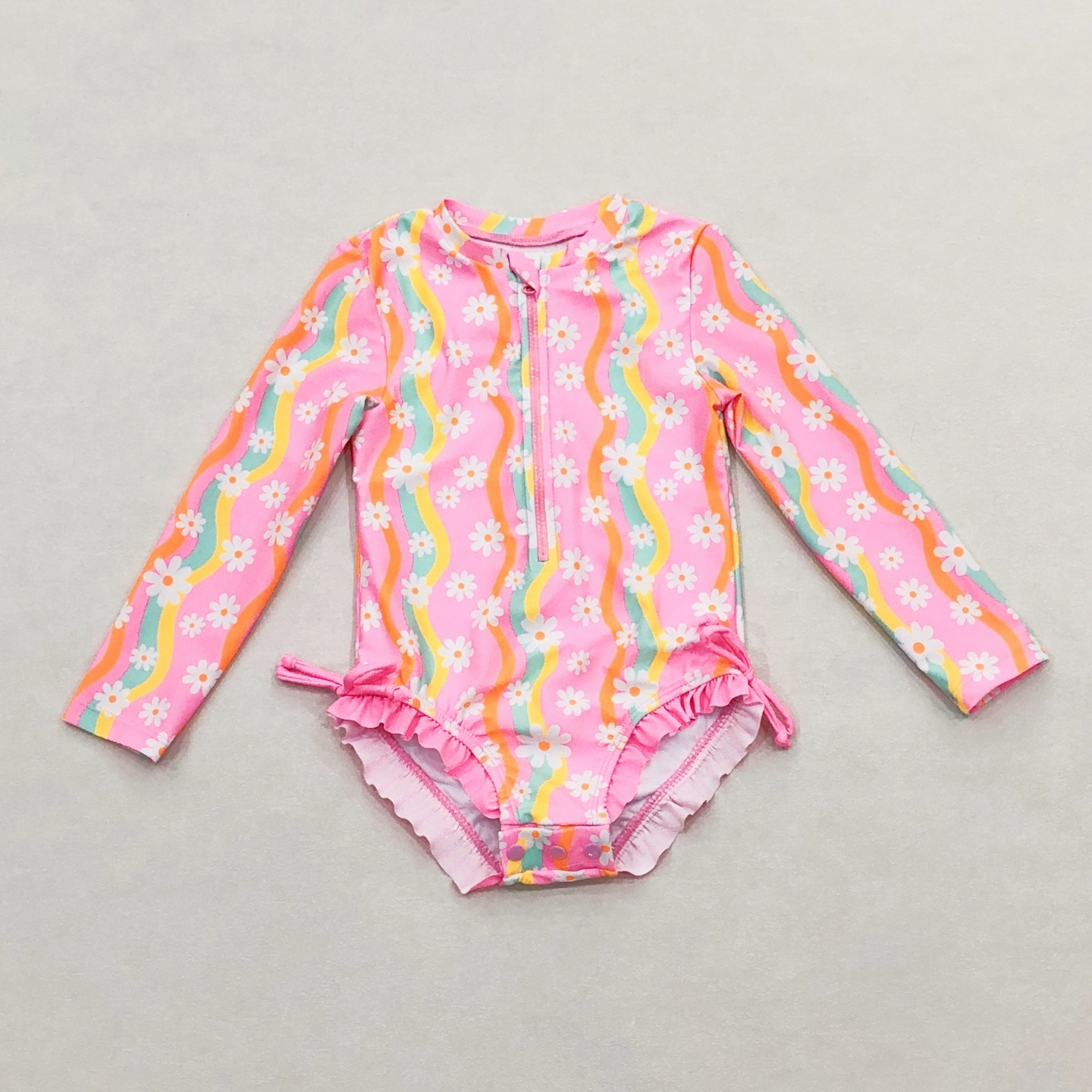 666外单 儿童连体泳衣女童长袖拉链蝴蝶结花边泳装温泉花朵冲浪服