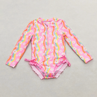 温泉花朵冲浪服 拉链蝴蝶结花边泳装 666外单 儿童连体泳衣女童长袖