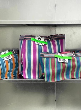 现货#宽型6色日本PUEBCO复古风条纹手提包袋环保塑料编织袋购物袋