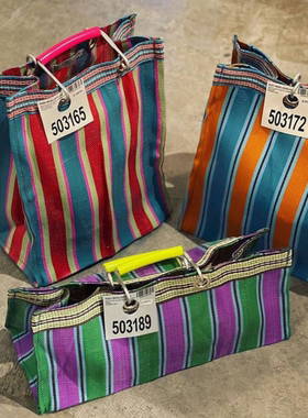 现货24款日本进口PUEBCO复古彩色条纹手提袋编织手袋购物袋手拎包