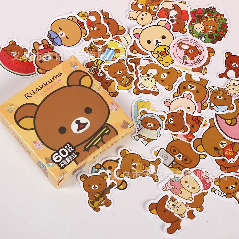跨境轻松熊63枚手账贴纸DIY礼盒蜡笔小新防水PET装饰爆款创意贴画