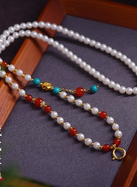 新中式国风珍珠贝珠吊坠项链绳红玛瑙配饰万能扣男女款唐卡佛牌链