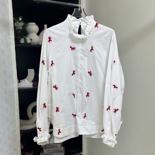 小雪家【气质红马】新中式小立领刺绣喜气简约轻奢长袖上衣衬衫